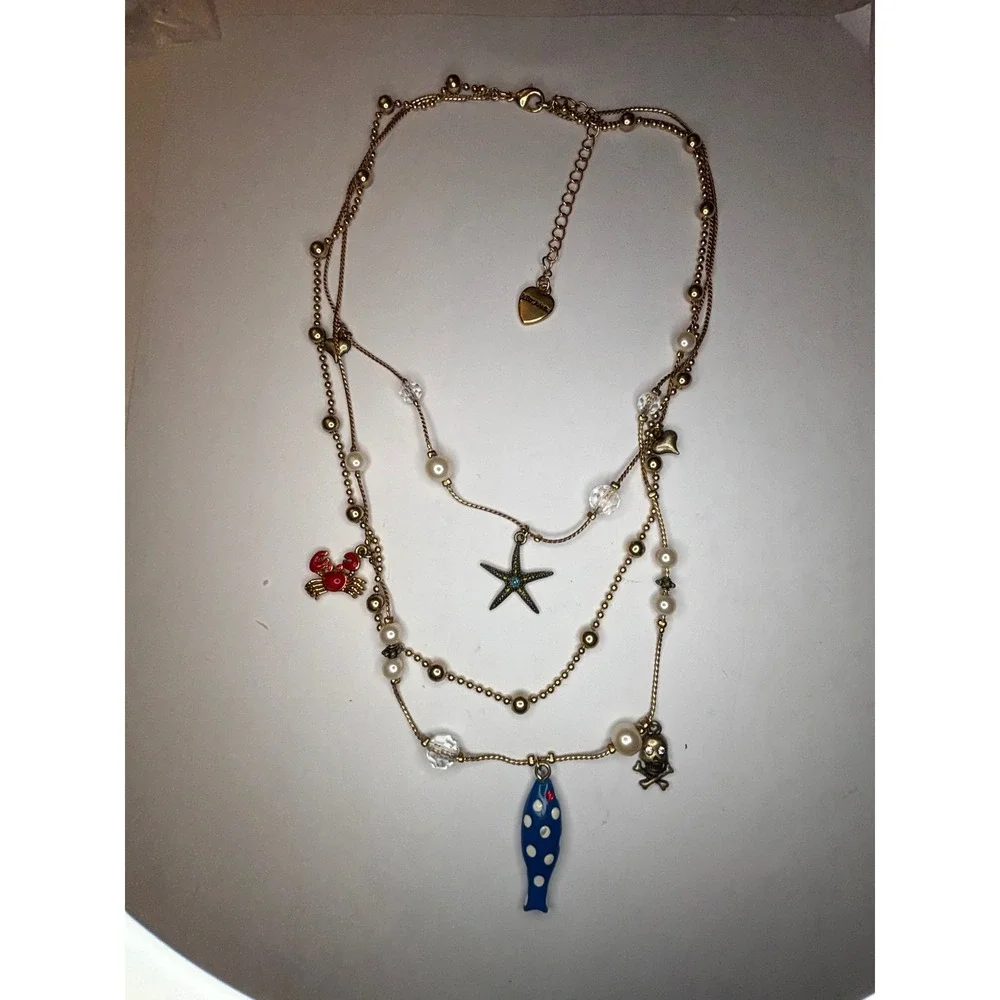 Betsey Johnson Nautical Necklace Vintage Multi Strand Crab Starfish Skull 19
